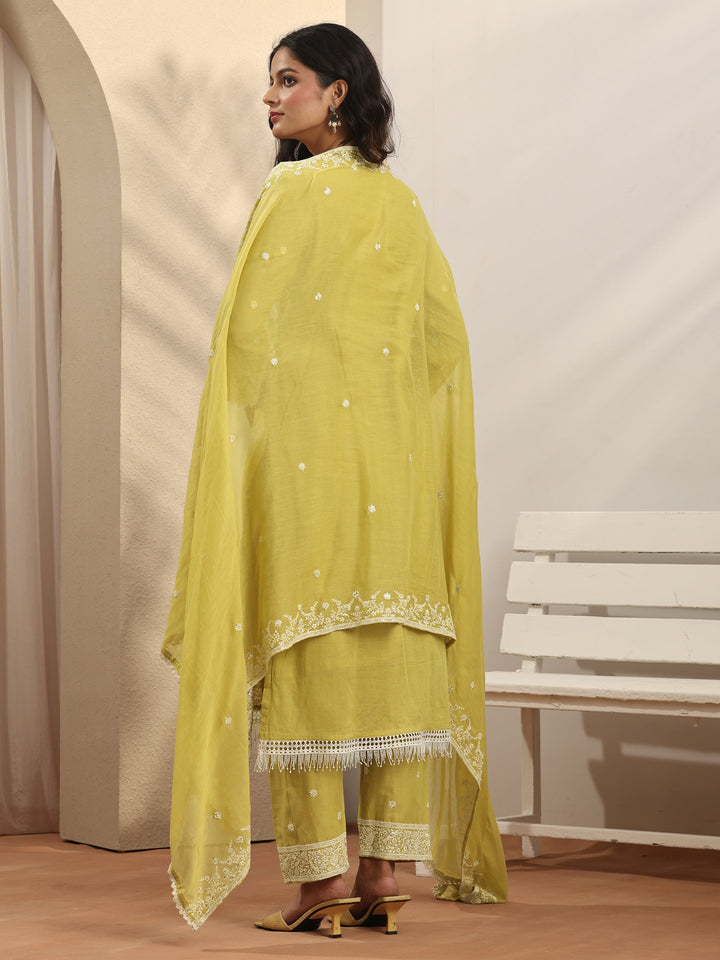 Yellow Embroidered Cotton Straight Suit Set With Dupatta