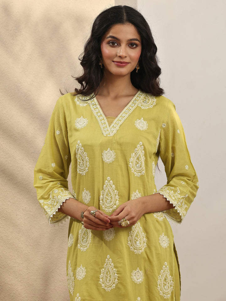 Yellow Embroidered Cotton Straight Suit Set With Dupatta