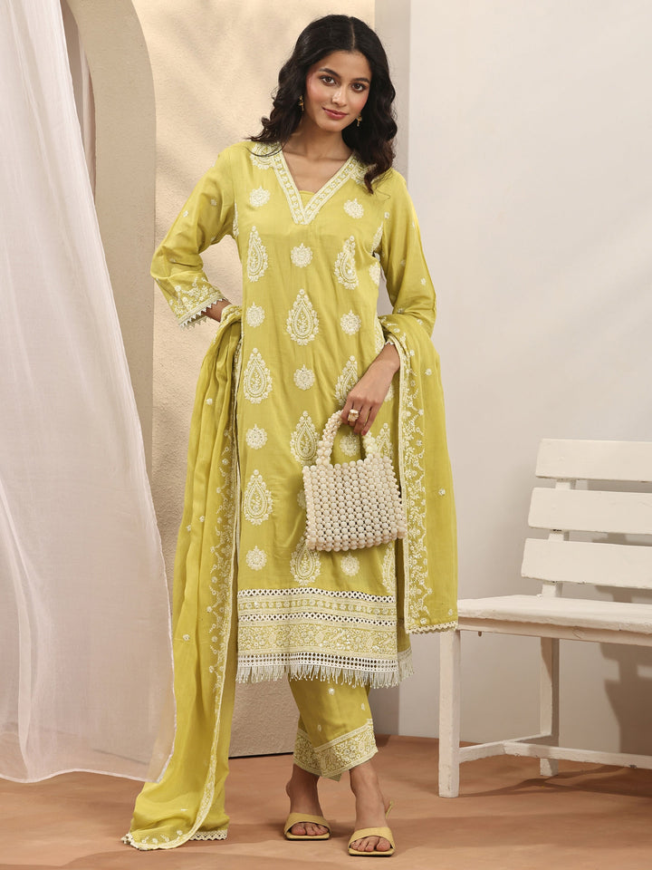 Yellow Embroidered Cotton Straight Suit Set With Dupatta