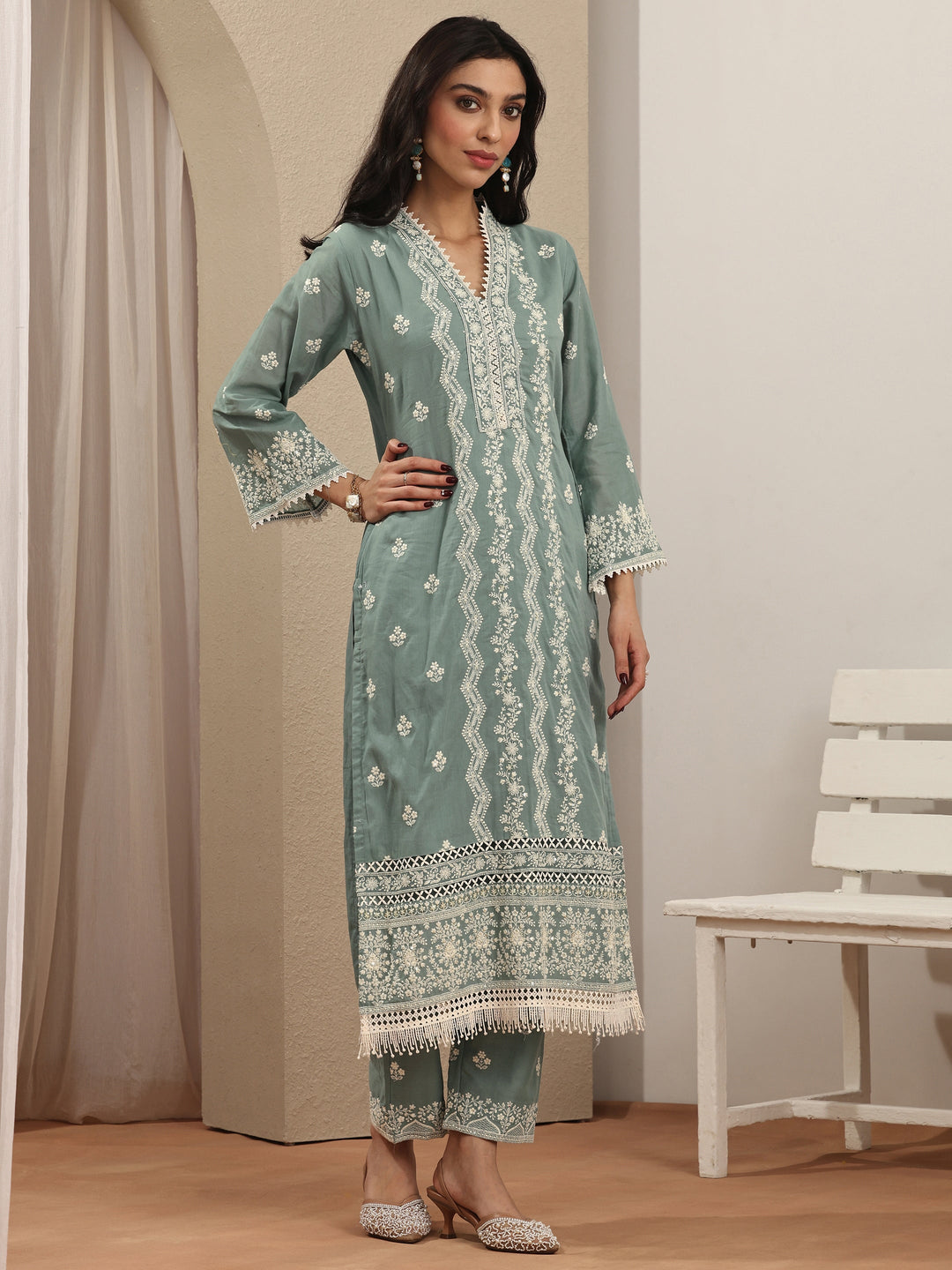 Blue Embroidered Cotton Straight Suit Set With Dupatta