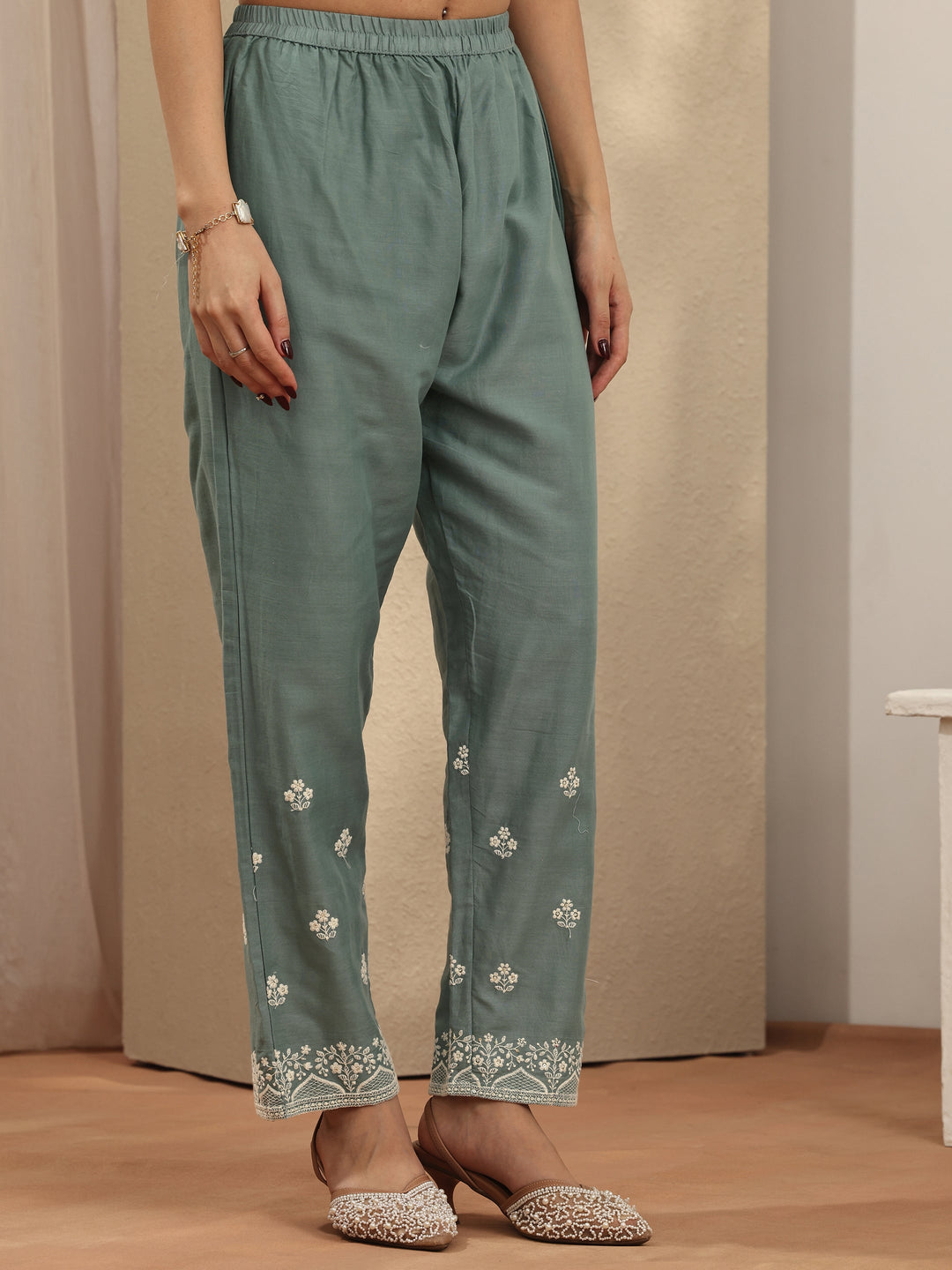 Blue Embroidered Cotton Straight Suit Set With Dupatta