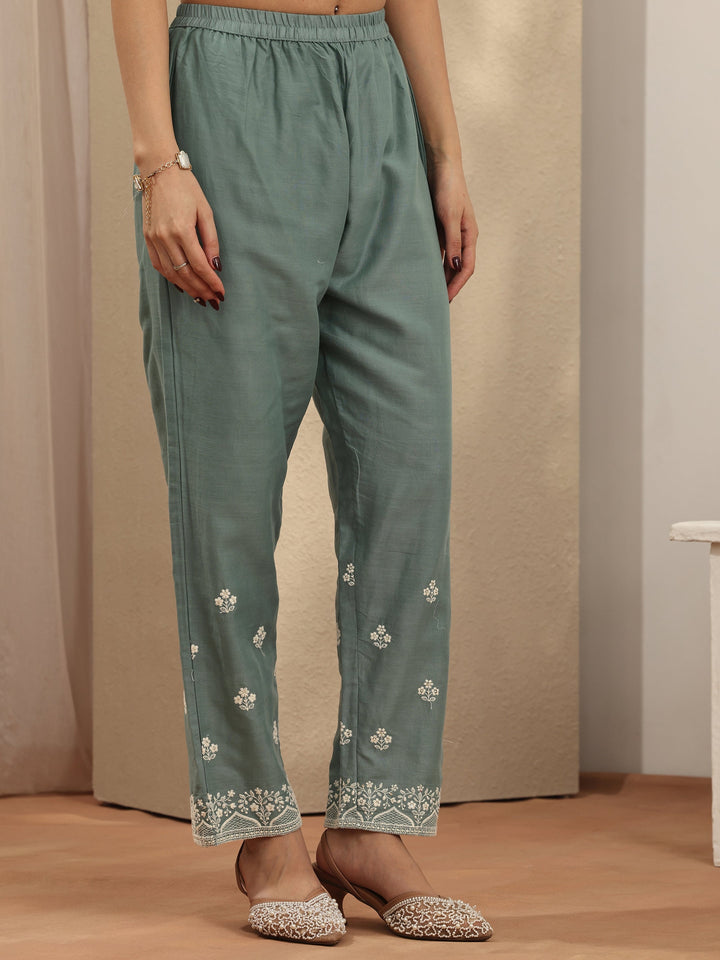 Blue Embroidered Cotton Straight Suit Set With Dupatta