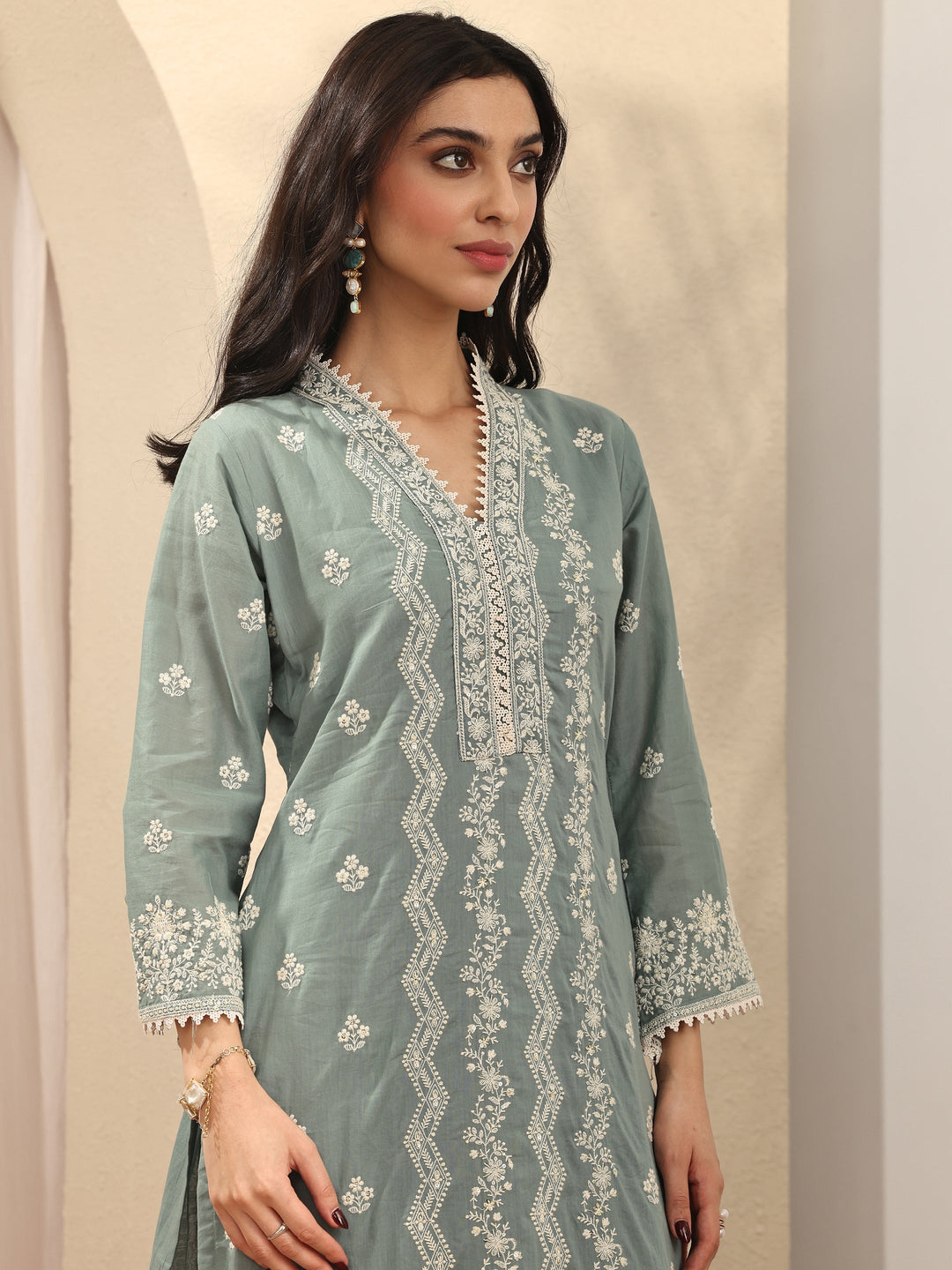 Blue Embroidered Cotton Straight Suit Set With Dupatta