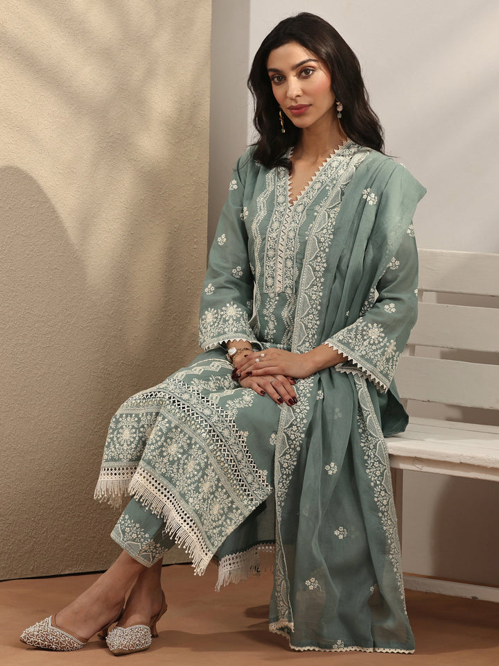 Blue Embroidered Cotton Straight Suit Set With Dupatta