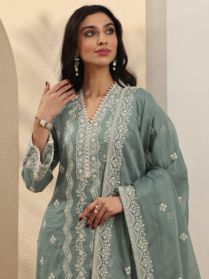 Blue Embroidered Cotton Straight Suit Set With Dupatta