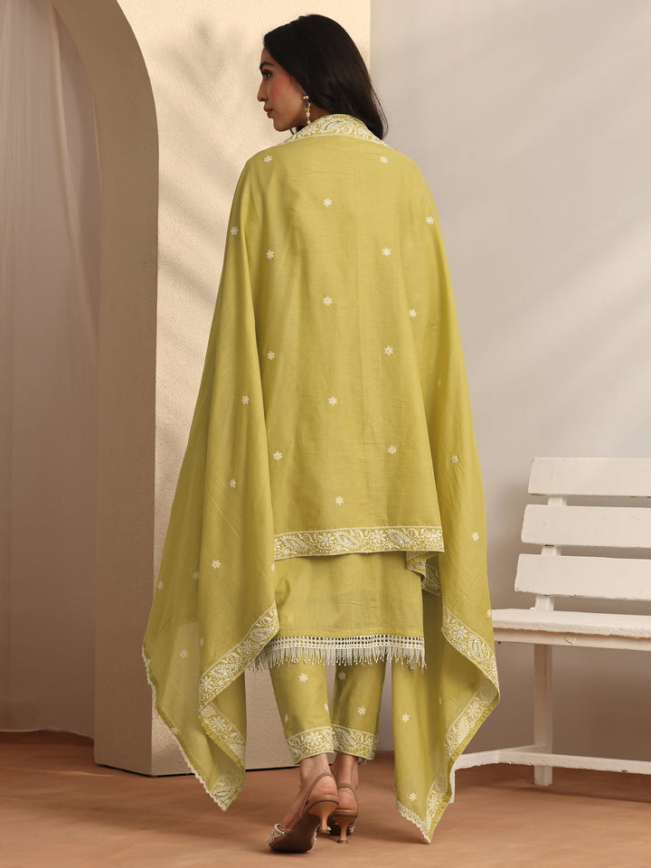 Yellow Embroidered Cotton Straight Suit Set With Dupatta