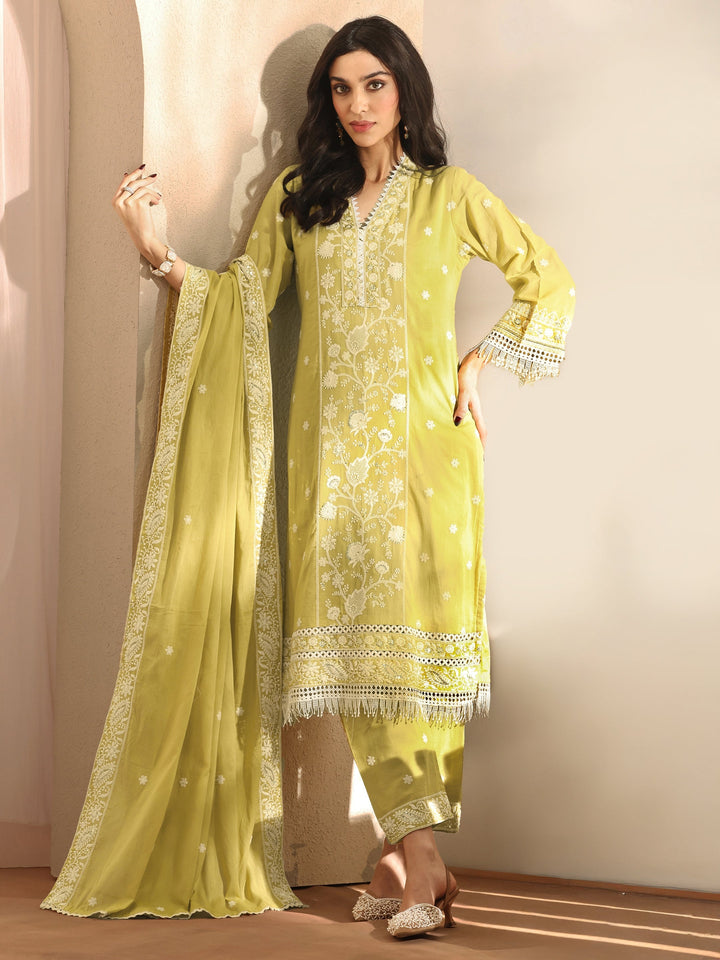 Yellow Embroidered Cotton Straight Suit Set With Dupatta