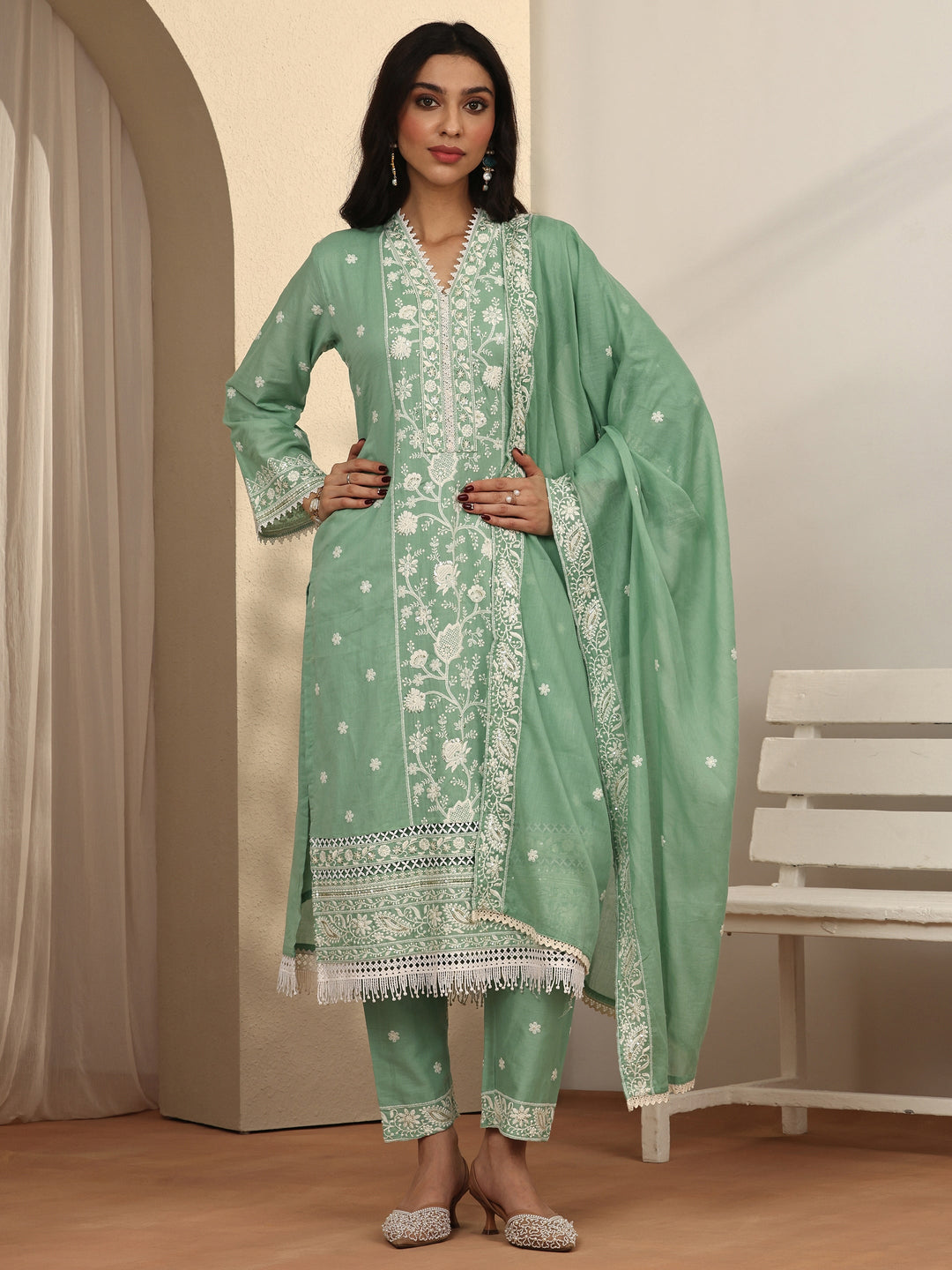 Green Embroidered Cotton Straight Suit Set With Dupatta