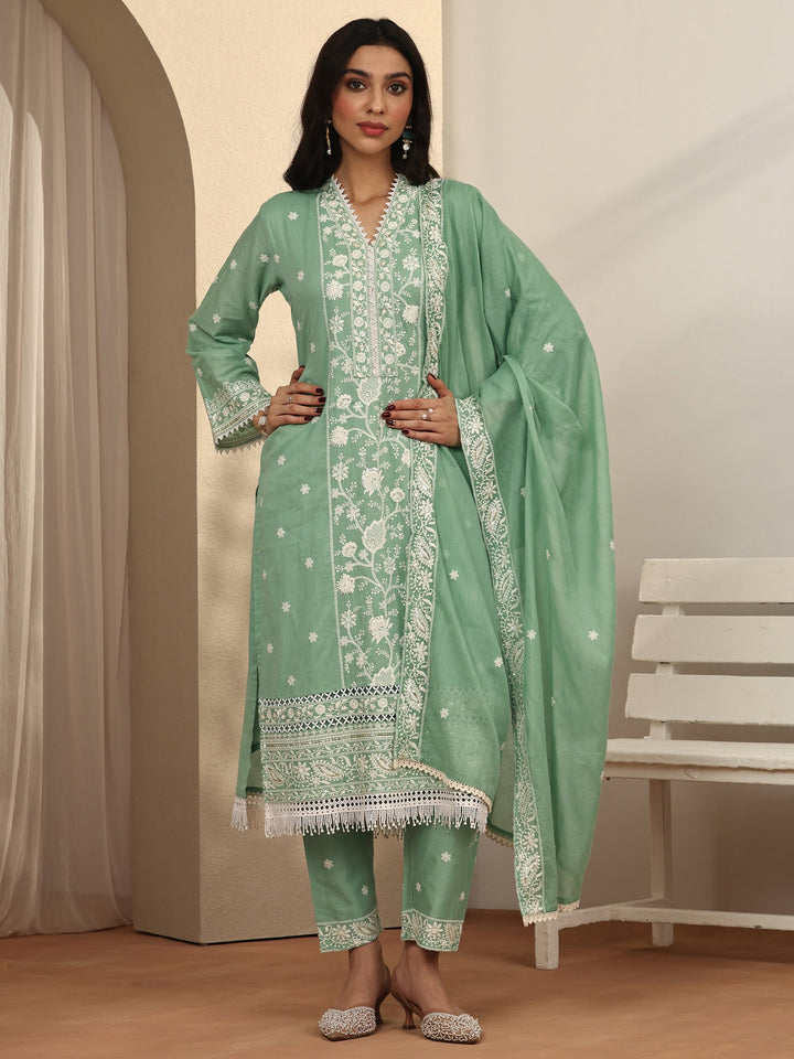 Green Embroidered Cotton Straight Suit Set With Dupatta