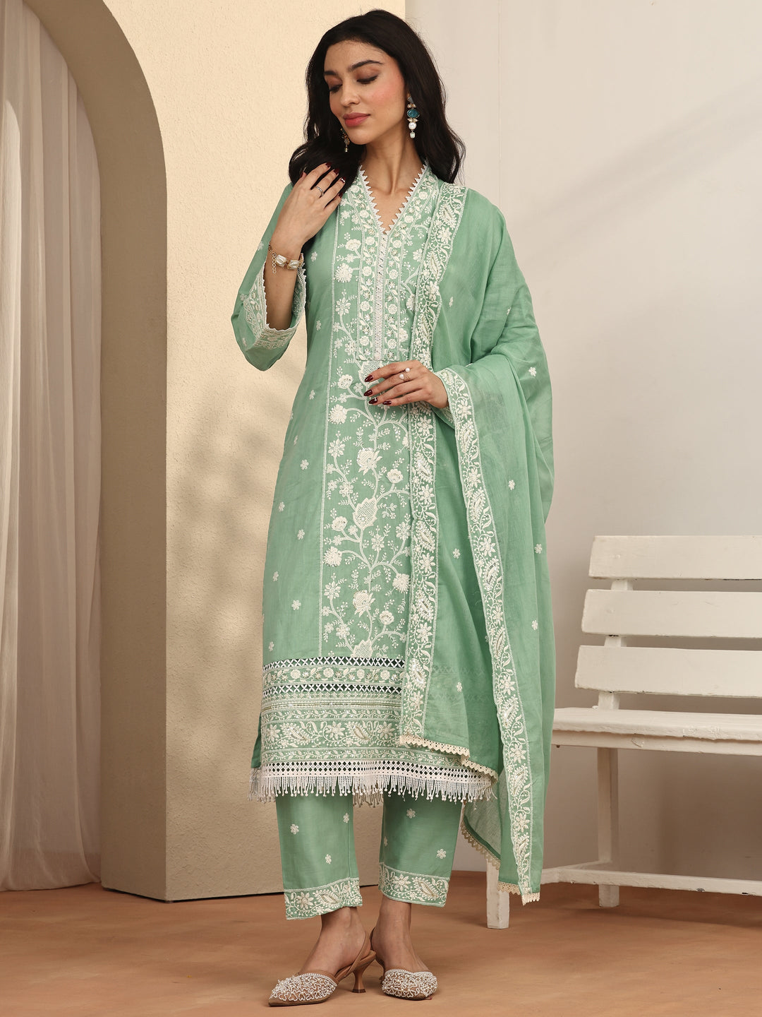Green Embroidered Cotton Straight Suit Set With Dupatta
