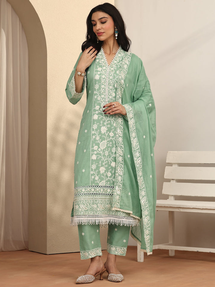 Green Embroidered Cotton Straight Suit Set With Dupatta