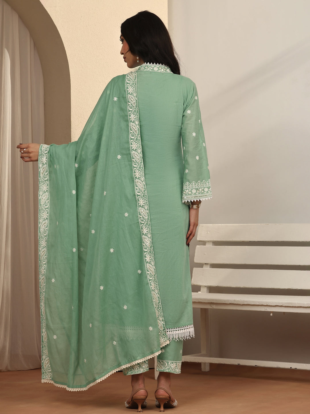 Green Embroidered Cotton Straight Suit Set With Dupatta