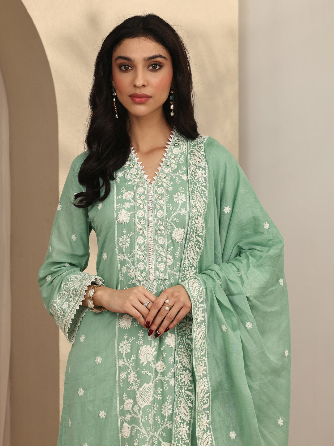 Green Embroidered Cotton Straight Suit Set With Dupatta
