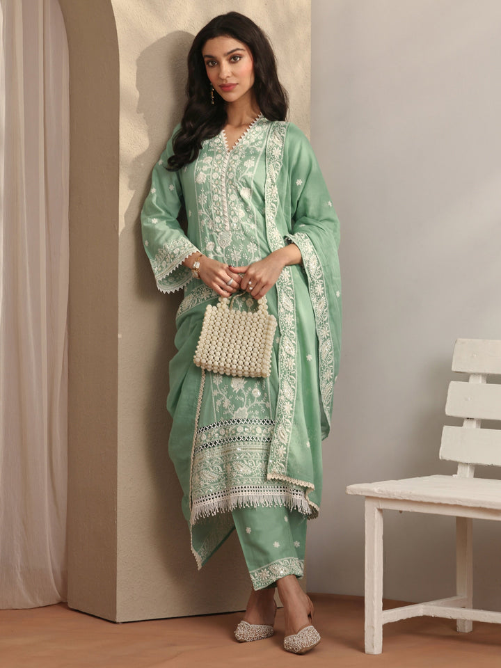 Green Embroidered Cotton Straight Suit Set With Dupatta