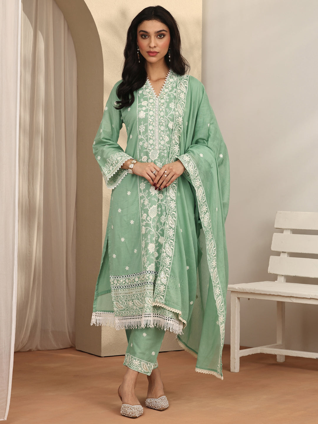 Green Embroidered Cotton Straight Suit Set With Dupatta
