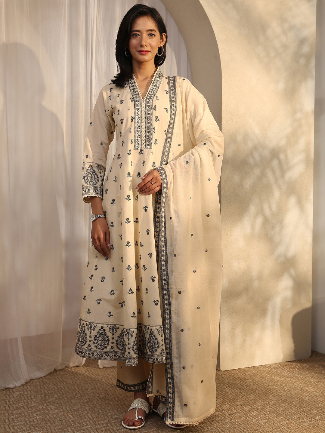 Off White Embroidered Cotton Anarkali Suit Set With Dupatta