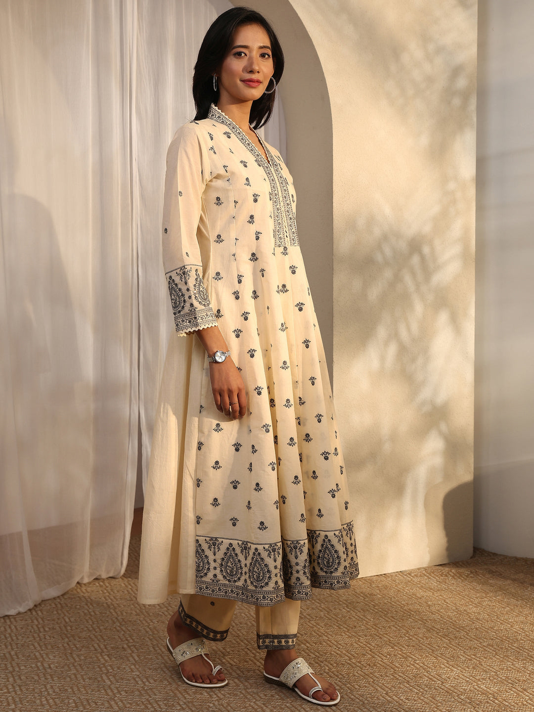 Off White Embroidered Cotton Anarkali Suit Set With Dupatta