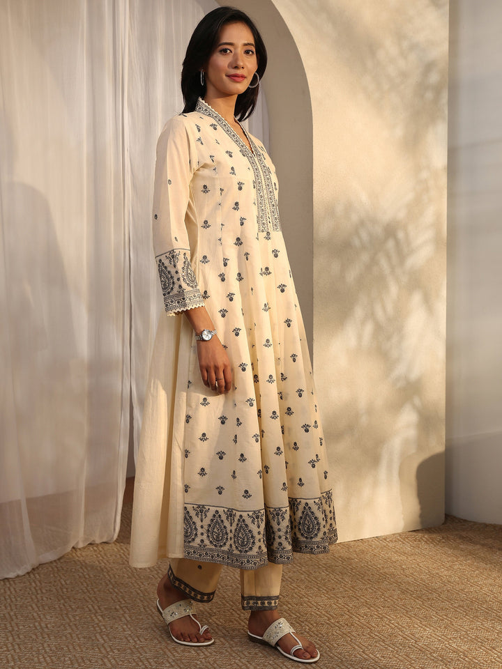 Off White Embroidered Cotton Anarkali Suit Set With Dupatta