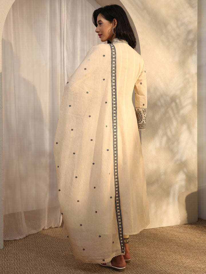 Off White Embroidered Cotton Anarkali Suit Set With Dupatta