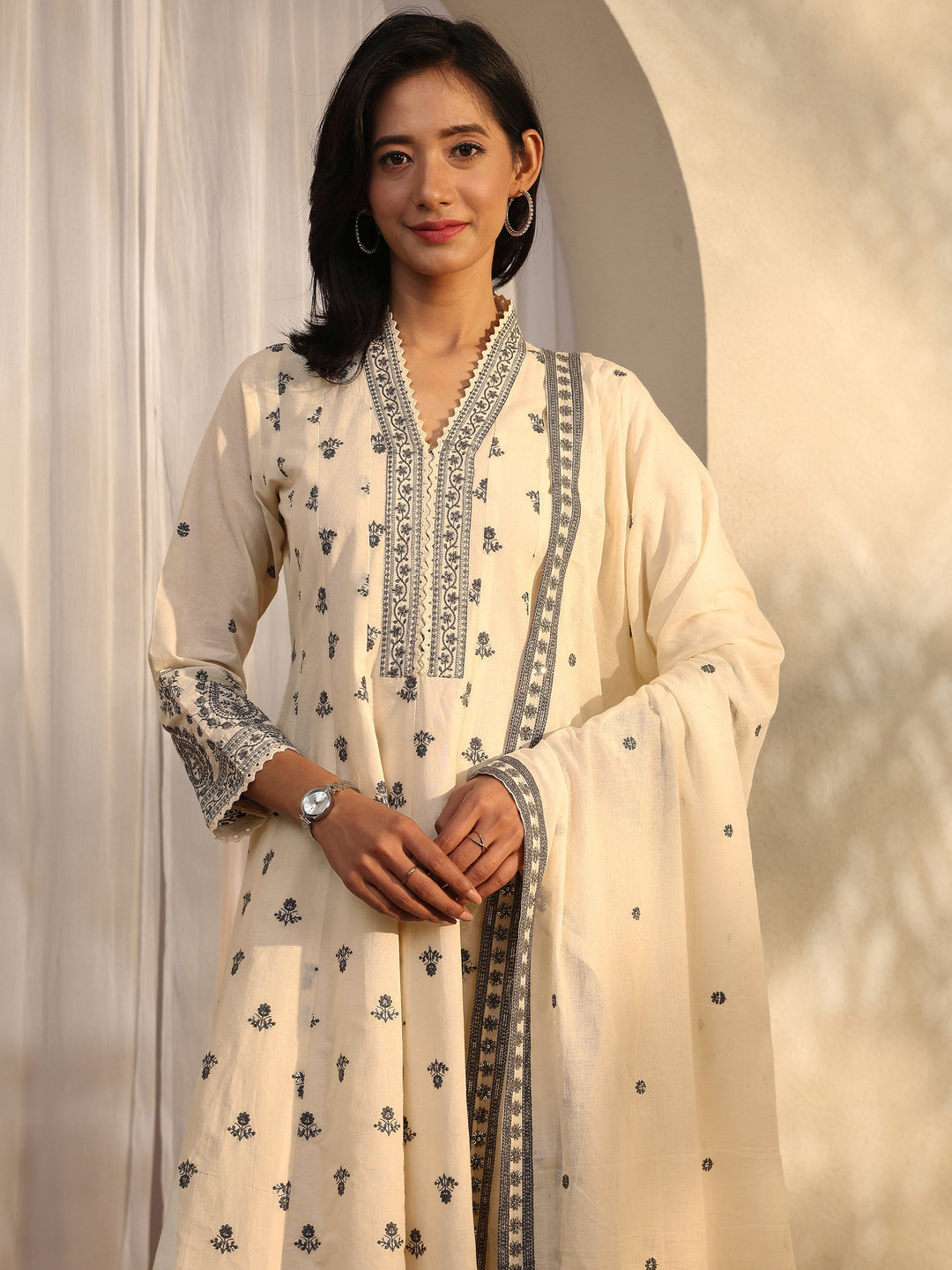 Off White Embroidered Cotton Anarkali Suit Set With Dupatta