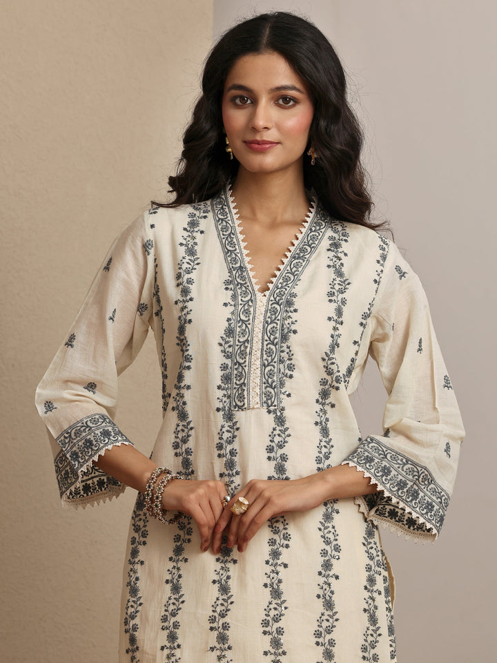 Off white Embroidered Cotton Straight Suit Set With Dupatta