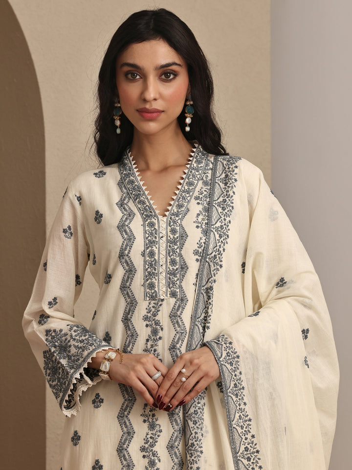Off white Embroidered Cotton Straight Suit Set With Dupatta