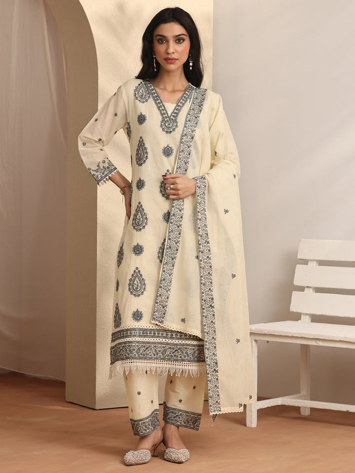 Off white Embroidered Cotton Straight Suit Set With Dupatta