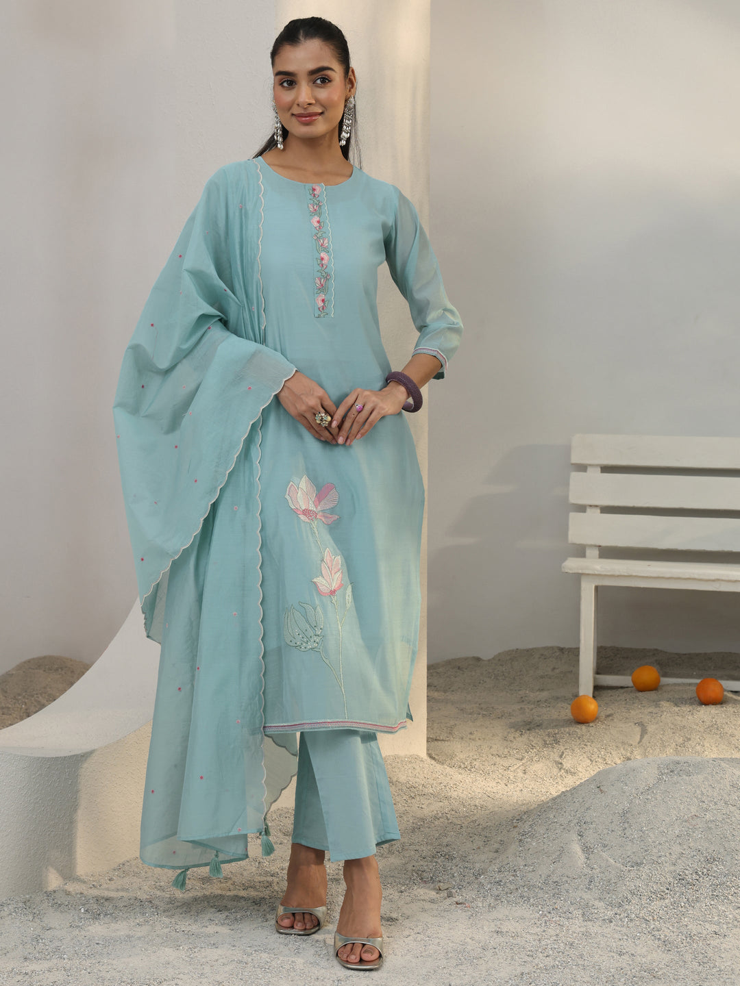 Blue Floral Embroidered Silk Blend Straight Suit Set With Dupatta