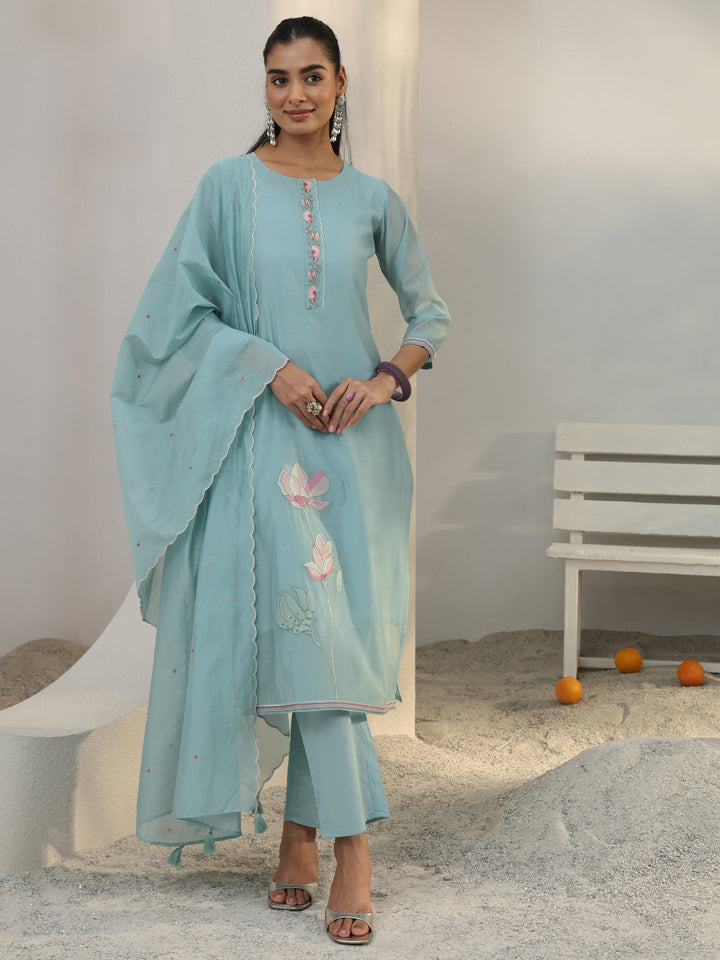 Blue Floral Embroidered Silk Blend Straight Suit Set With Dupatta
