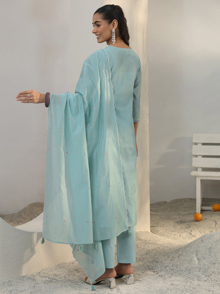 Blue Floral Embroidered Silk Blend Straight Suit Set With Dupatta