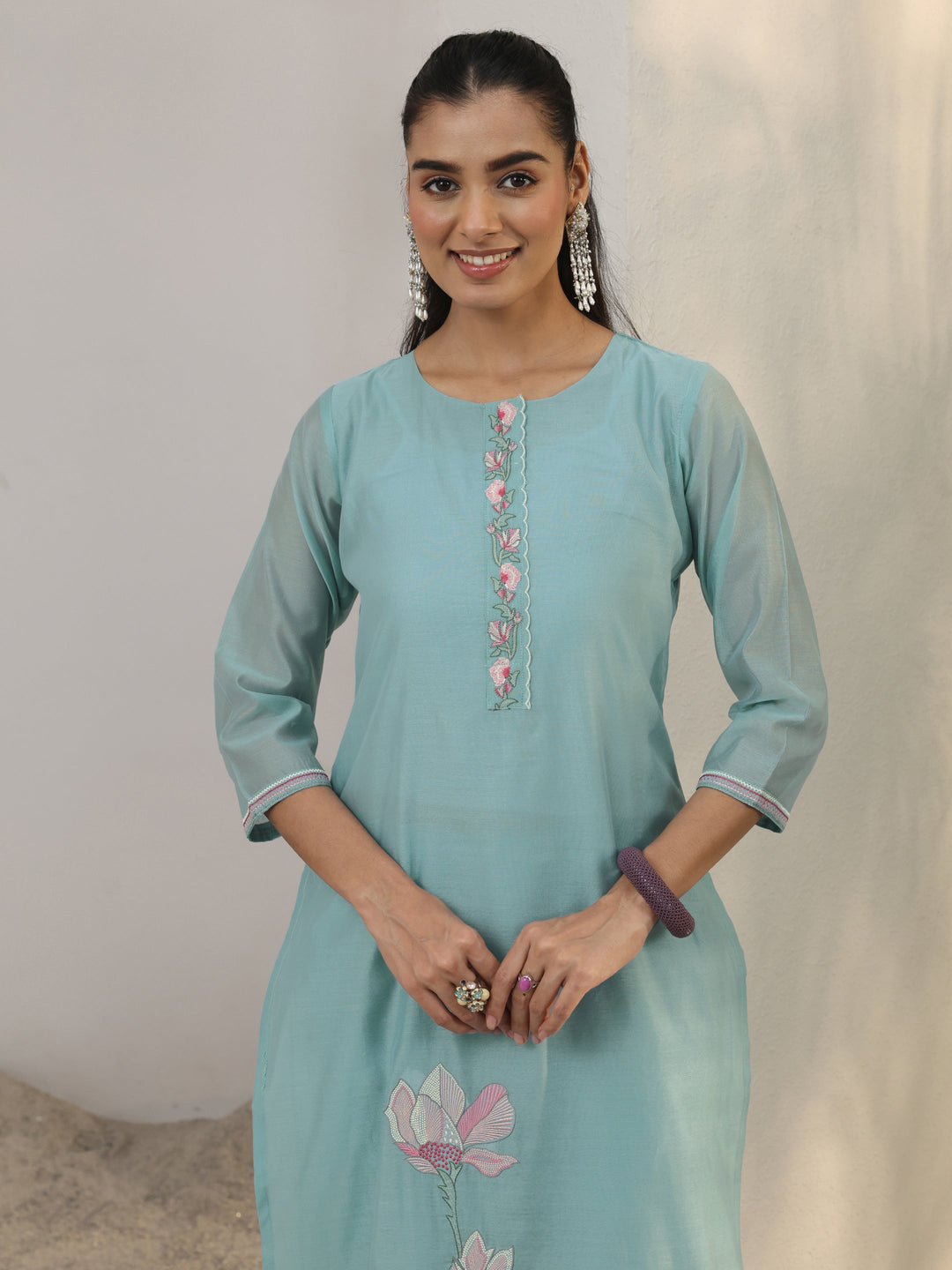 Blue Floral Embroidered Silk Blend Straight Suit Set With Dupatta