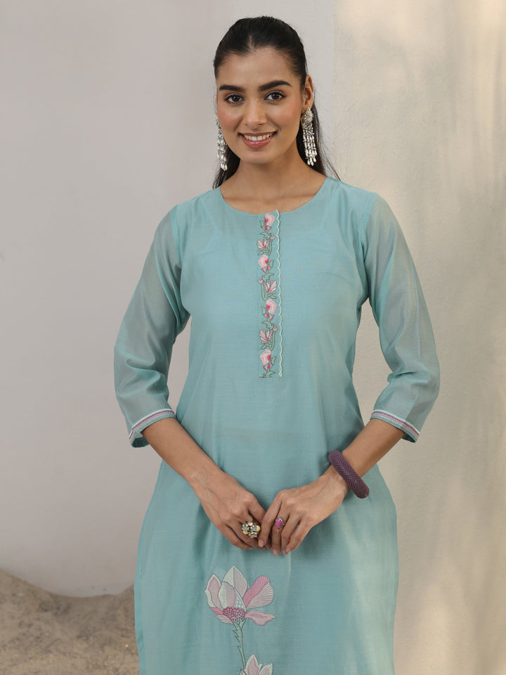 Blue Floral Embroidered Silk Blend Straight Suit Set With Dupatta
