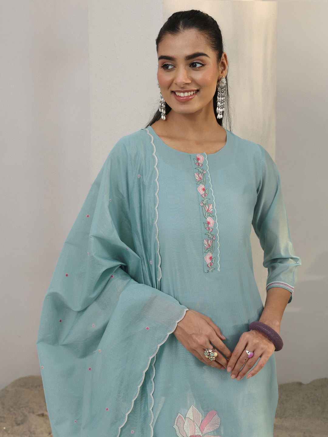 Blue Floral Embroidered Silk Blend Straight Suit Set With Dupatta