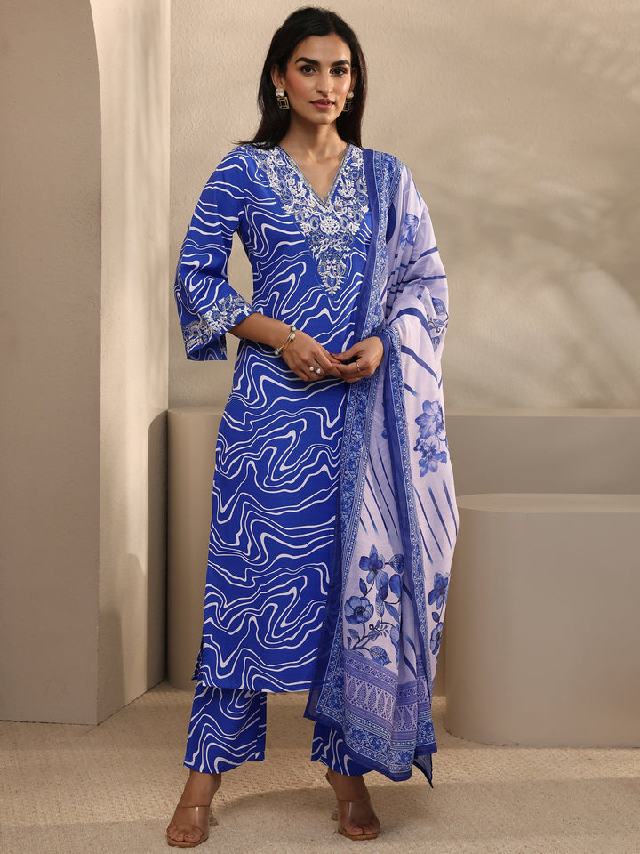 Blue Abstract Printed Cotton Blend Straight Suit Set With Dupatta