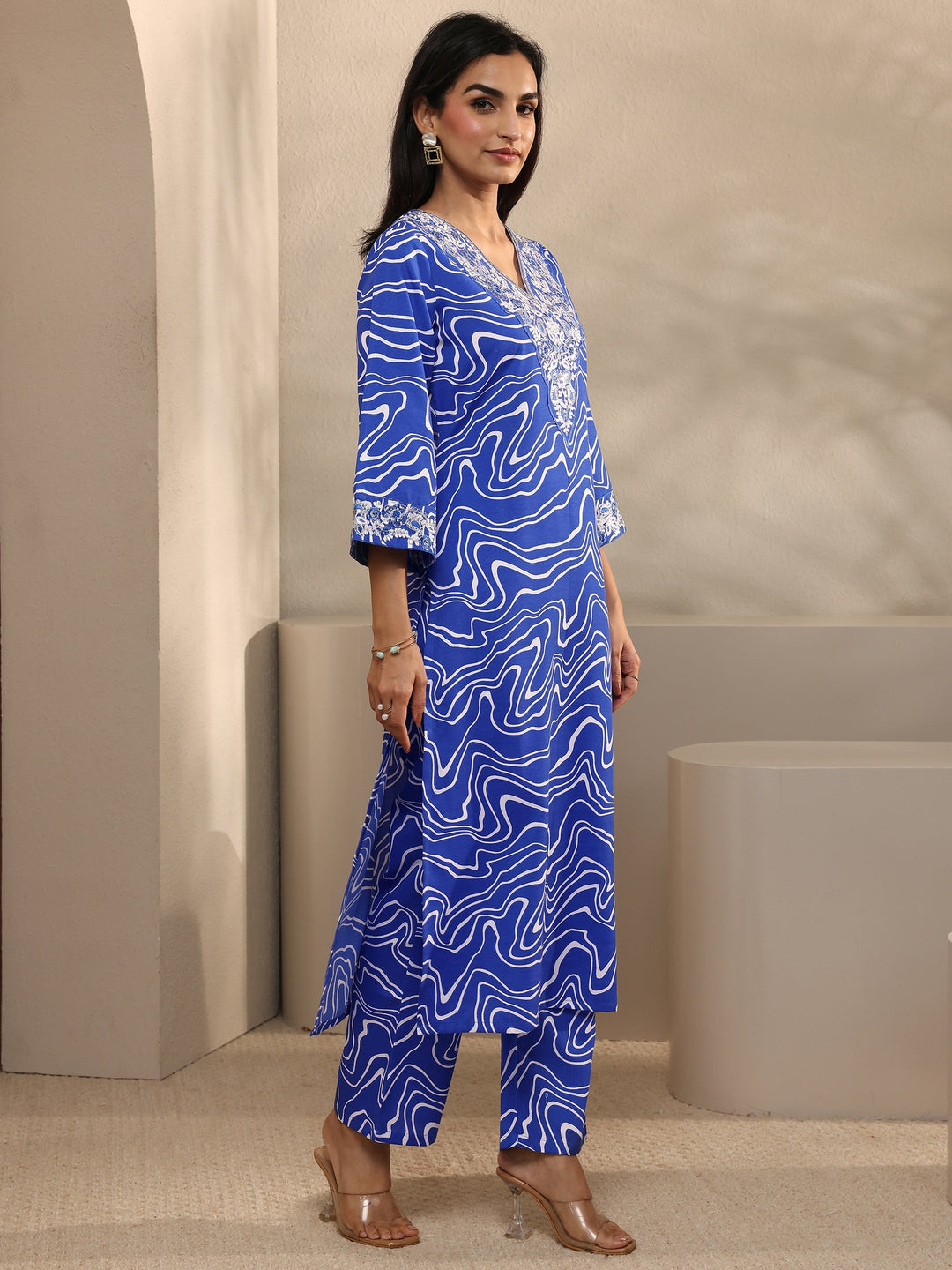 Blue Abstract Printed Cotton Blend Straight Suit Set With Dupatta