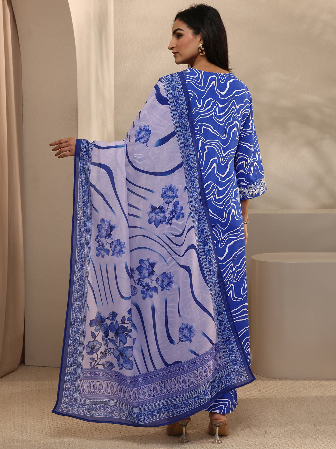 Blue Abstract Printed Cotton Blend Straight Suit Set With Dupatta