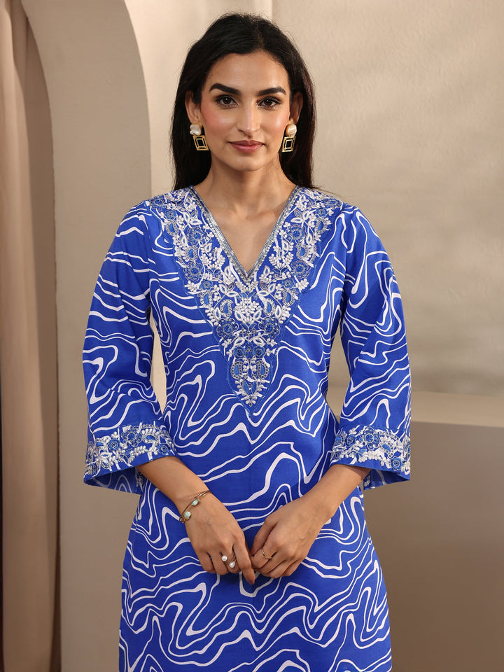 Blue Abstract Printed Cotton Blend Straight Suit Set With Dupatta