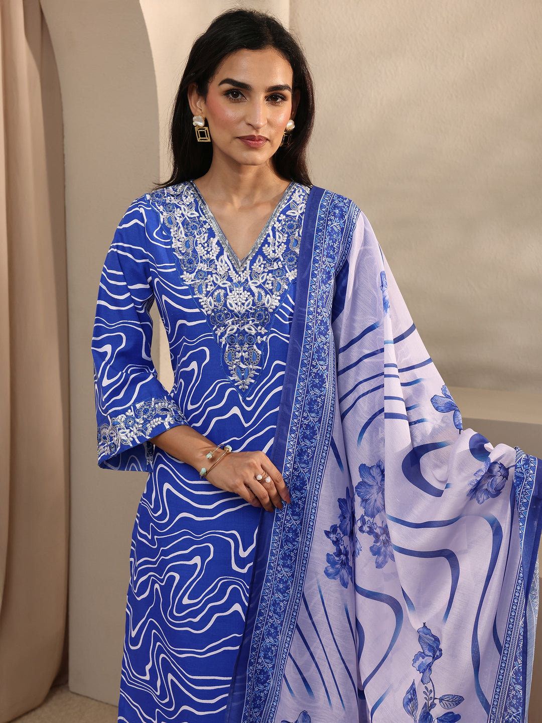 Blue Abstract Printed Cotton Blend Straight Suit Set With Dupatta