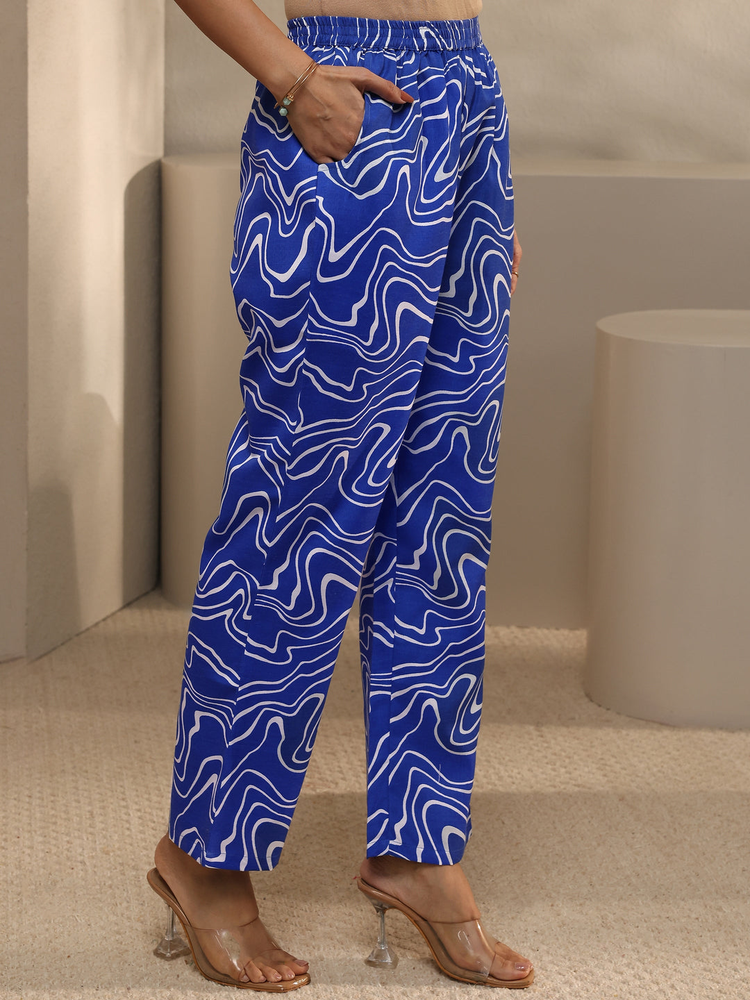 Blue Abstract Printed Cotton Blend Straight Suit Set With Dupatta