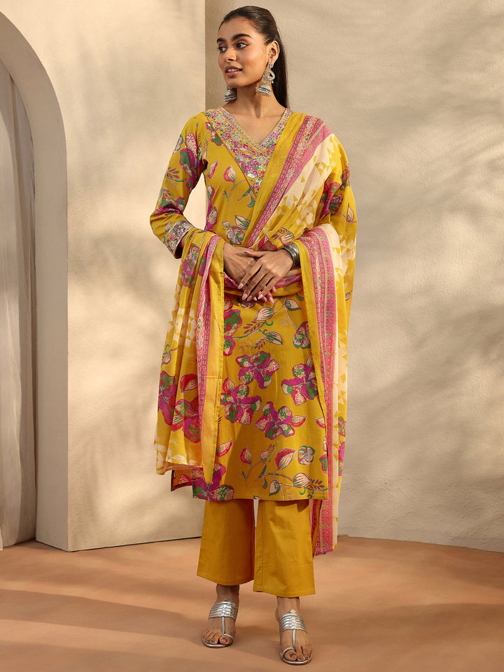 Mustard Printed Cotton Straight Suit Set With Dupatta