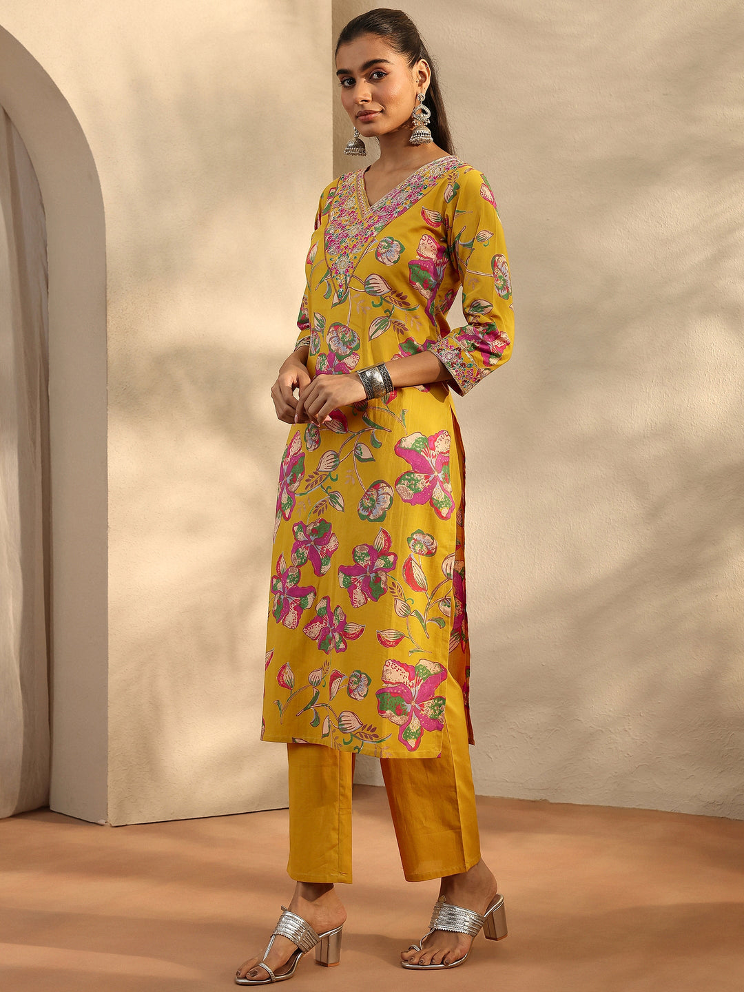 Mustard Printed Cotton Straight Suit Set With Dupatta