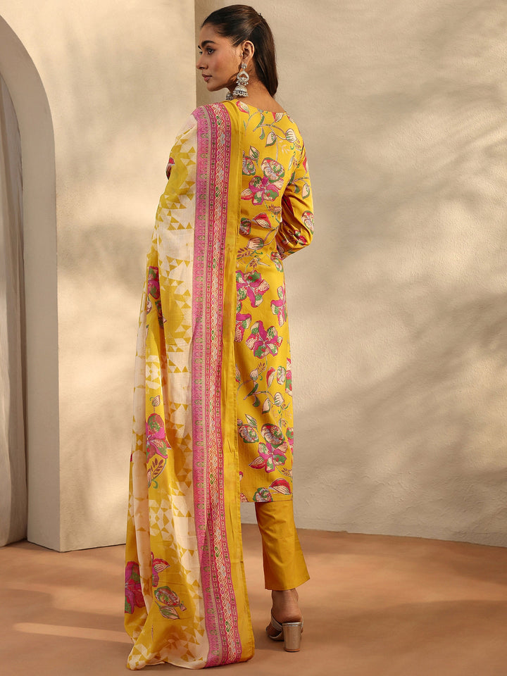 Mustard Printed Cotton Straight Suit Set With Dupatta
