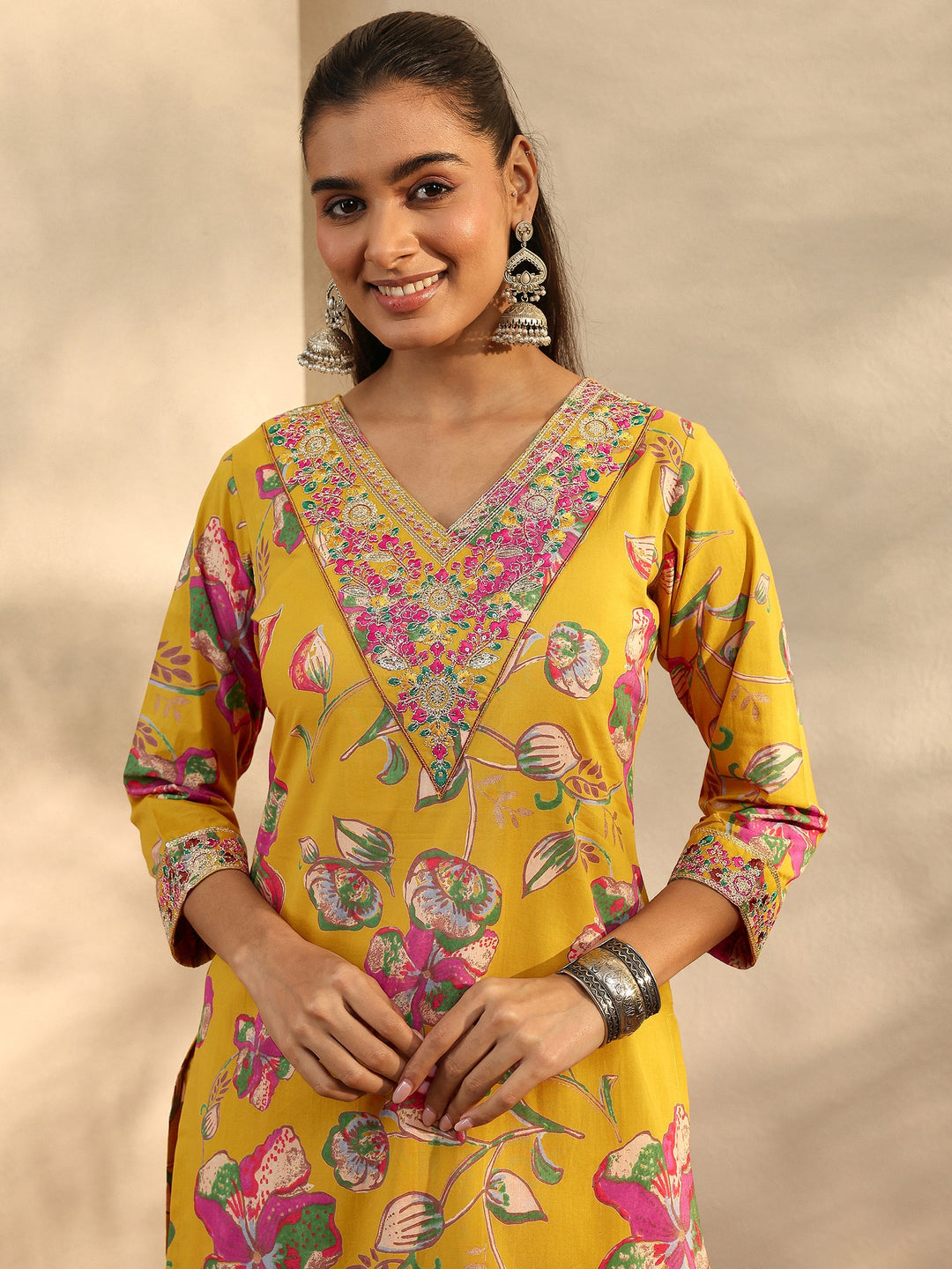 Mustard Printed Cotton Straight Suit Set With Dupatta