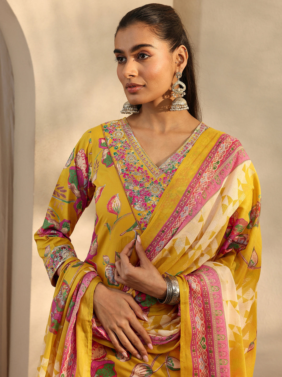 Mustard Printed Cotton Straight Suit Set With Dupatta