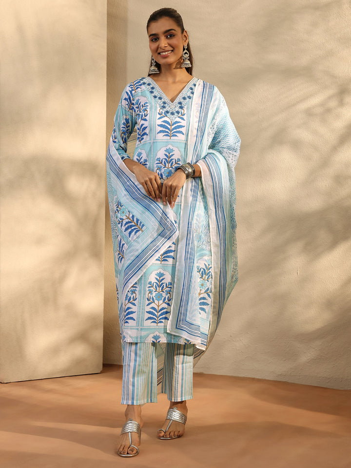 White Printed Cotton Straight Suit Set With Dupatta