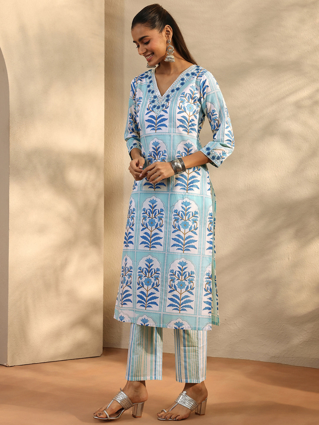 White Printed Cotton Straight Suit Set With Dupatta