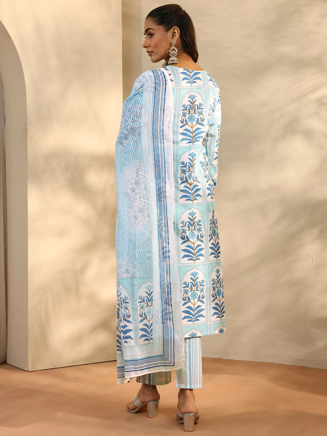 White Printed Cotton Straight Suit Set With Dupatta