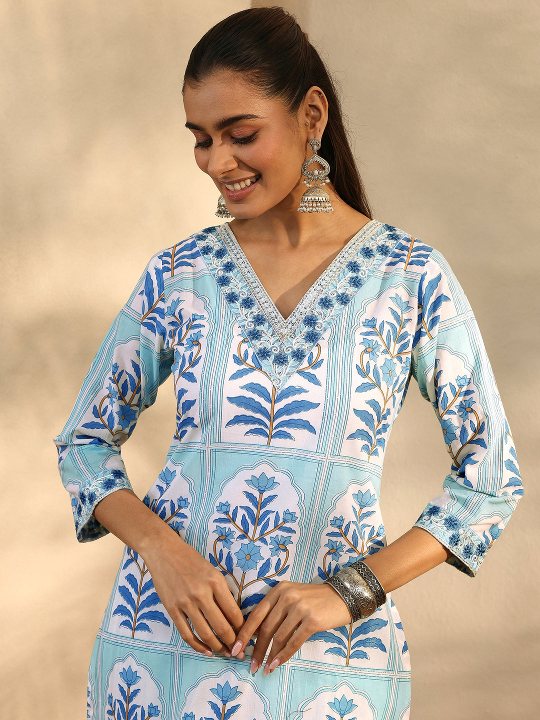 White Printed Cotton Straight Suit Set With Dupatta