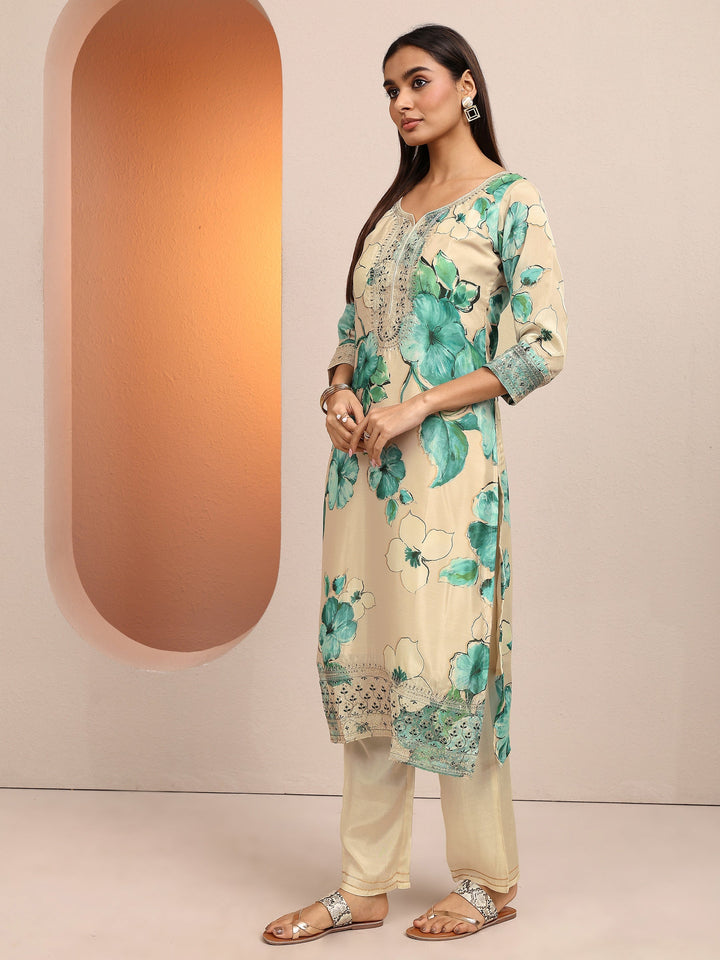 Green Printed Silk blend Straight Suit Set With Dupatta