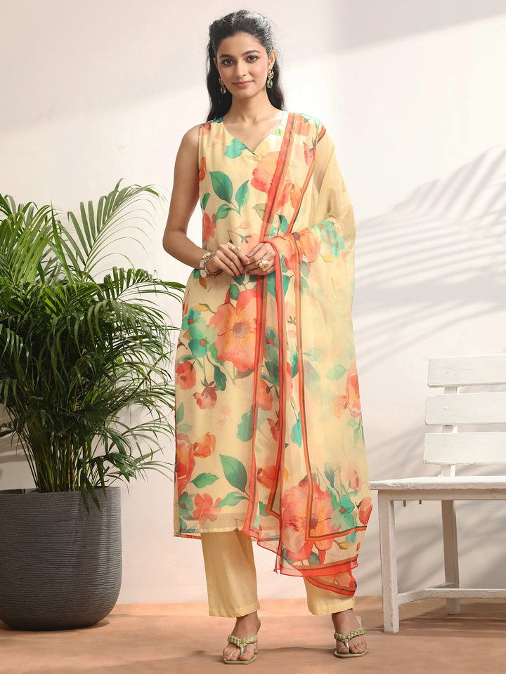 Yellow Printed Chiffon Straight Suit Set With Dupatta
